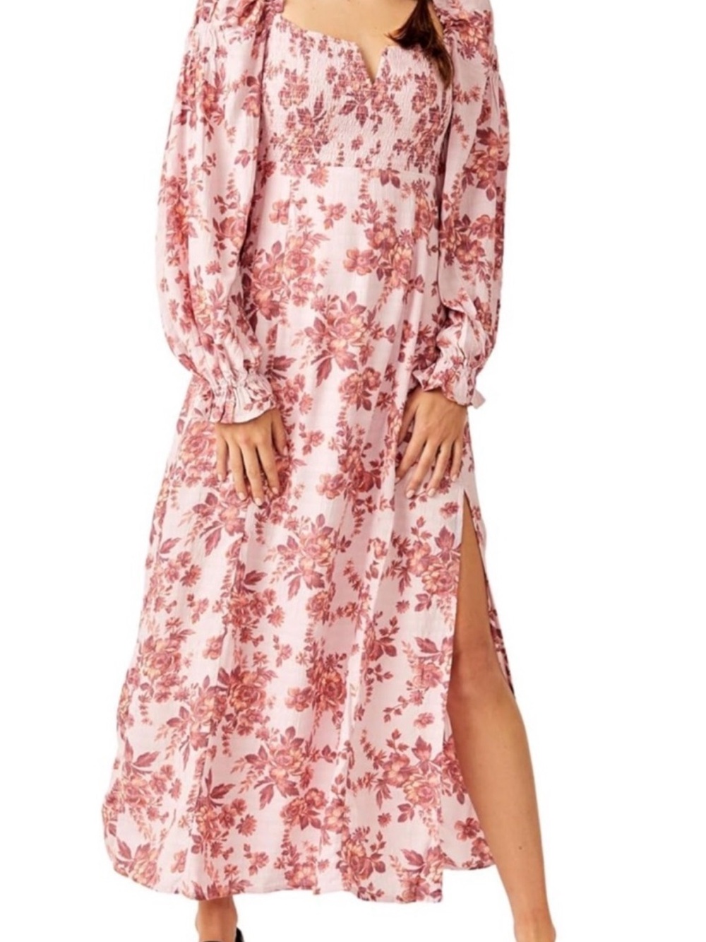 Free People Pink Floral Maxi Dress with Long Sleeves